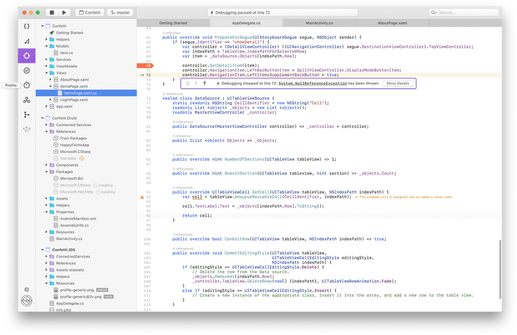 Integrated development environment interface showing a debugging session for a mobile app project named Confetti, with a NullReferenceException error highlighted at line 72 of the code.