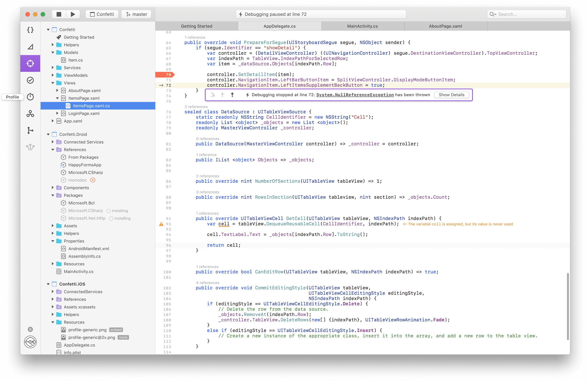 Integrated development environment interface showing a debugging session for a mobile app project named Confetti, with a NullReferenceException error highlighted at line 72 of the code.