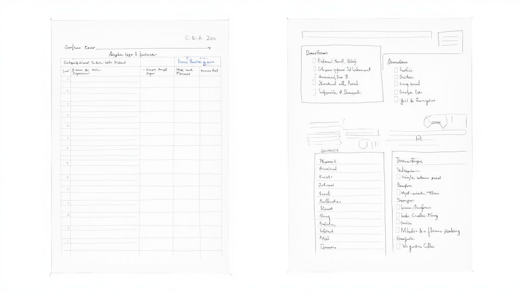 Two hand-drawn sketches on paper, one a ledger table, the other a UI wireframe design.