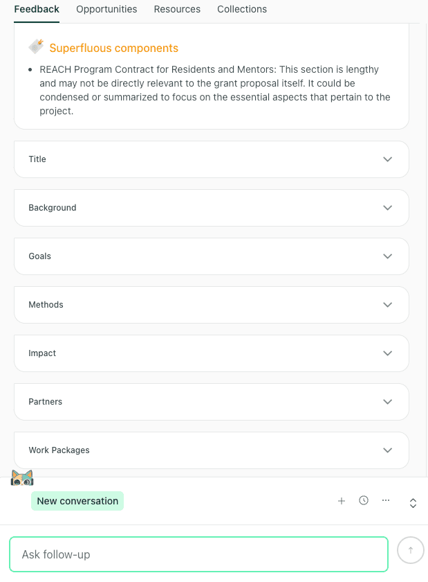 thesify interface highlighting a "Superfluous components" section, suggesting that a residency contract section be condensed for better focus.