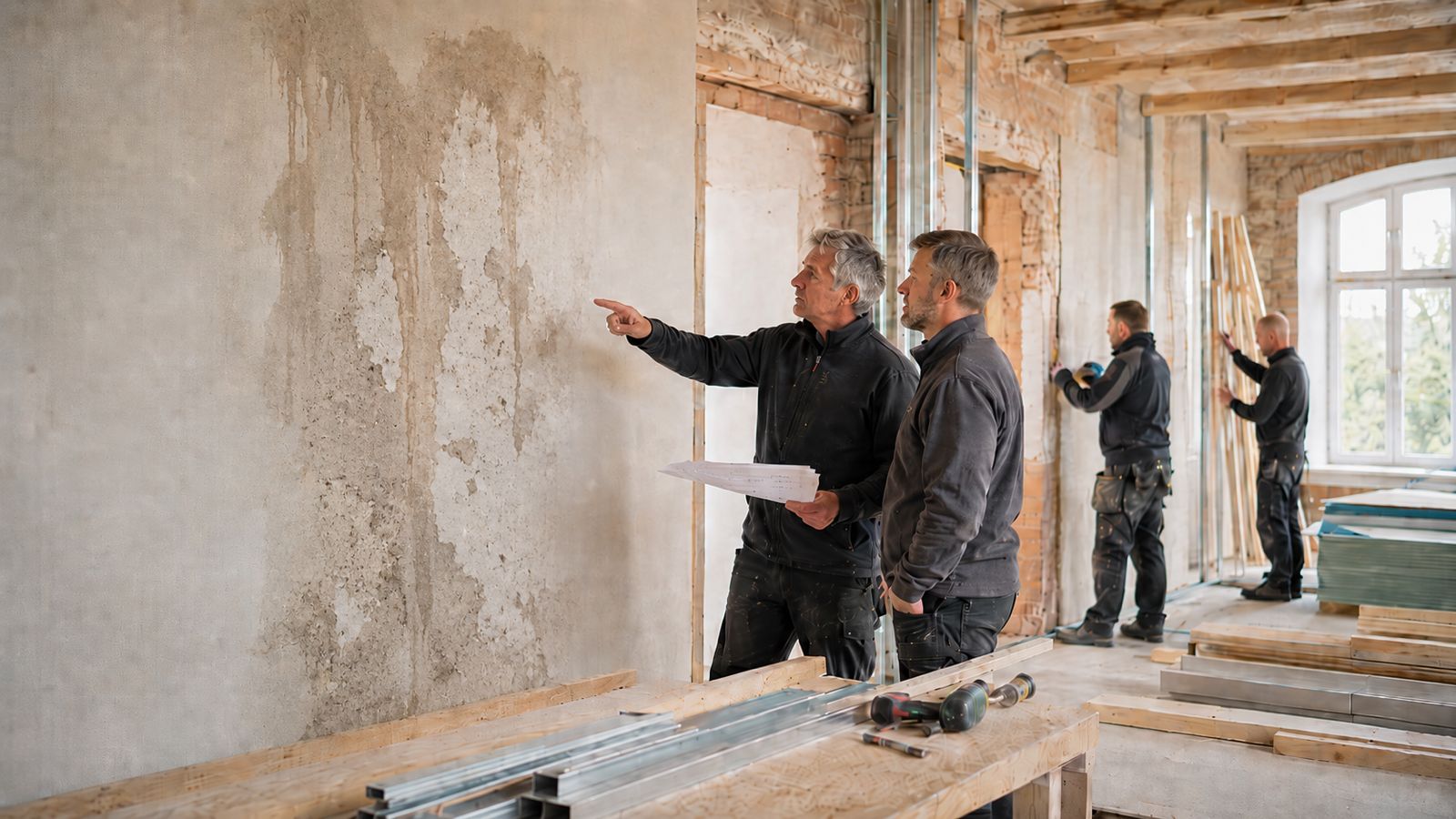Baustelle mit Personen die Schäden sichten und Reperieren in Hamburg