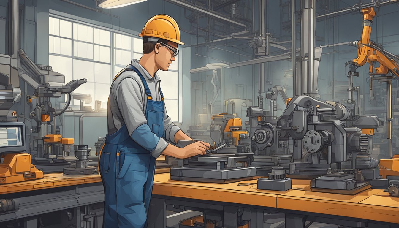 Diese Illustration zeigt eine Gruppe von Blue-Collar-Arbeitern in einer Team-Besprechung, unterstreicht die Bedeutung von Zusammenarbeit und gemeinschaftlichem Problemlösen in technischen und handwerklichen Berufen.