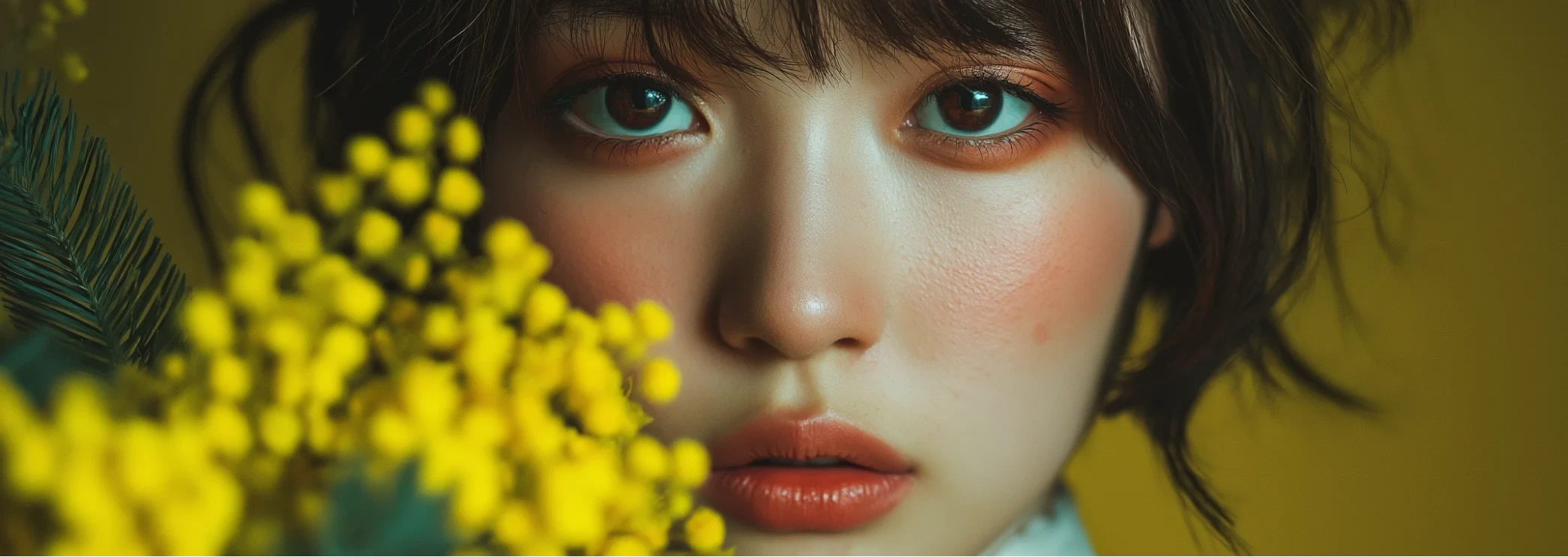 Close up portrait of a woman with yellow flowers in foreground