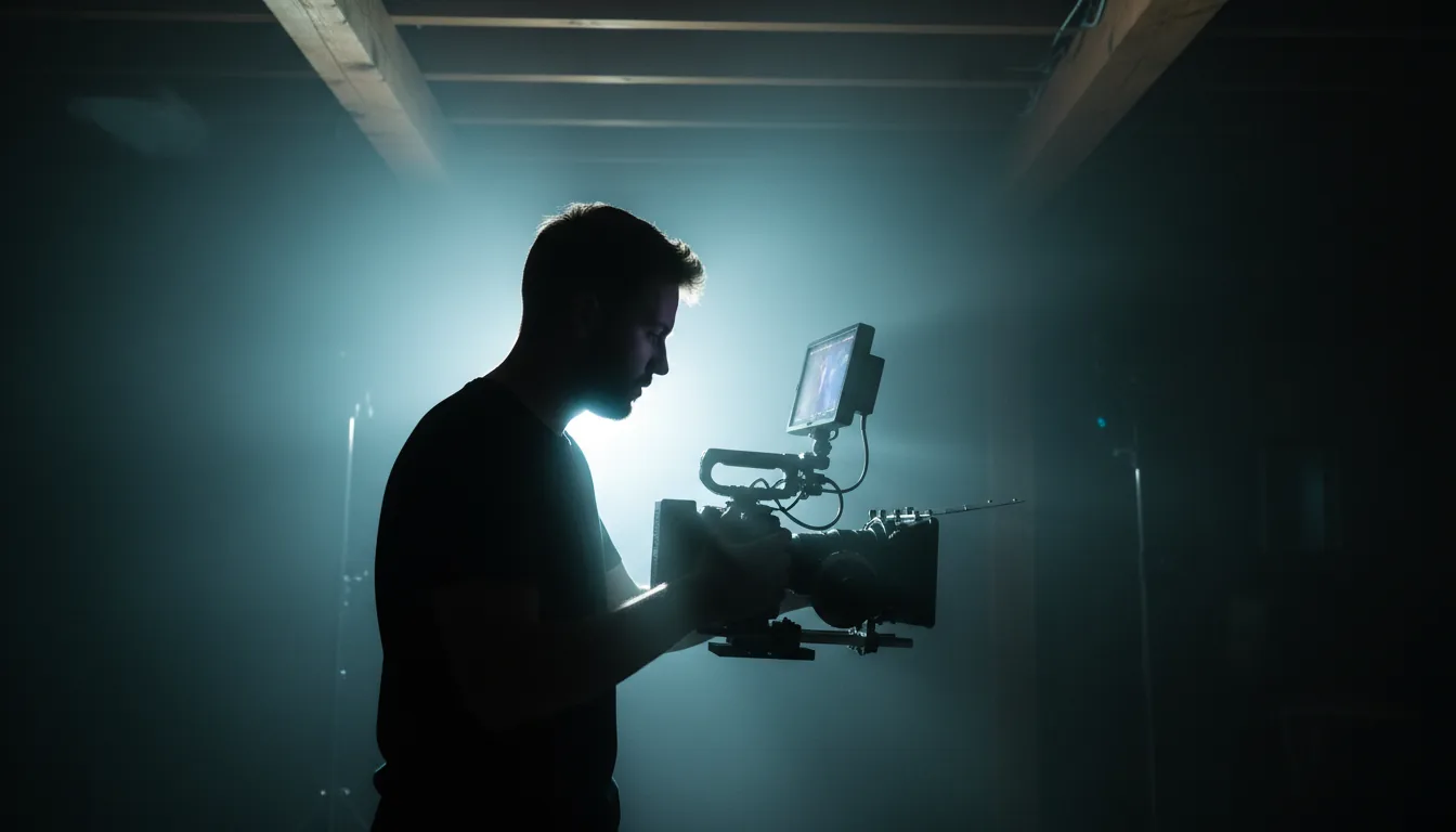 DSLR photography of a male videographer in silhouette, viewed from the side profile as he operates a professional video camera rig with an external monitor. The scene is defined by intense, cinematic contrast with a single, powerful backlight creating a bright, hazy glow behind him and sharp rim lighting on his hair and shoulders. The setting is a dark, atmospheric studio with visible ceiling beams in the shadowy background. The overall mood is focused and professional, with cool-toned volumetric light.
