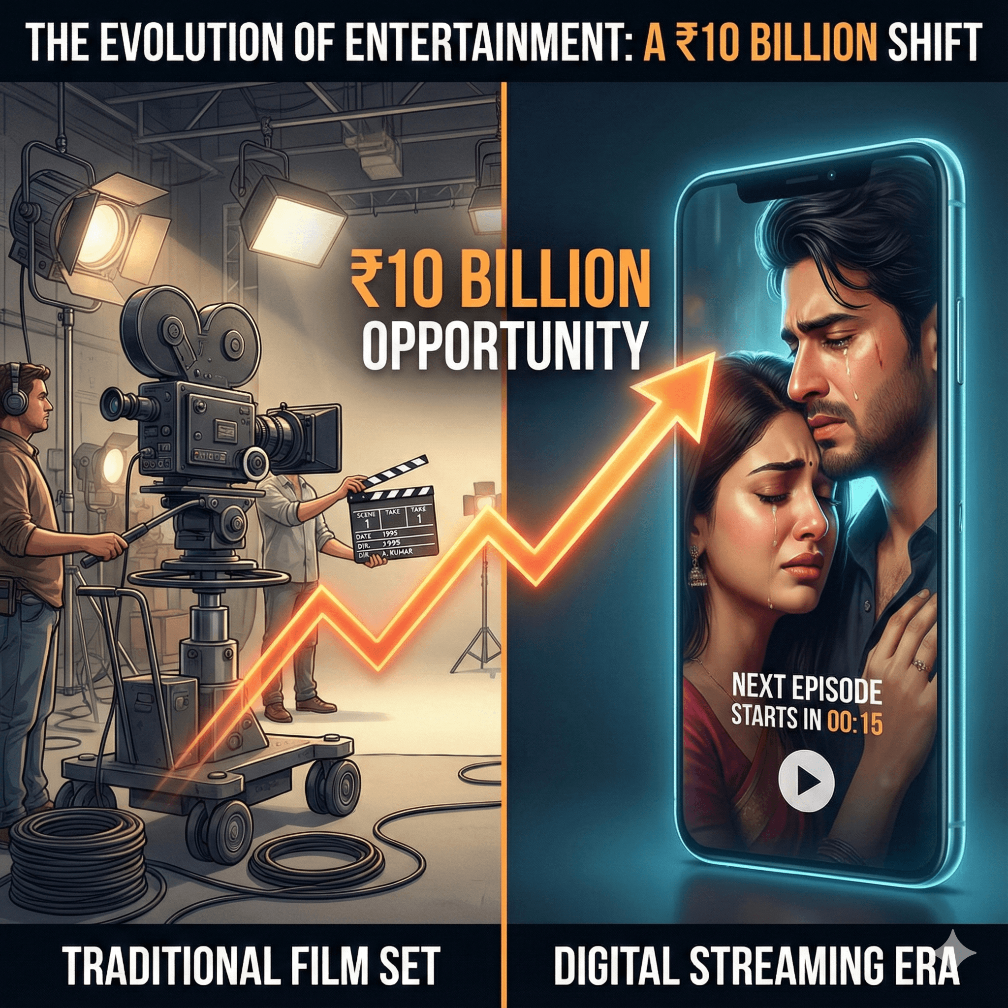 A split-screen visual: On the left, a traditional film set with heavy equipment and a clapperboard. On the right, a vertical smartphone screen showing a dramatic, high-emotion scene with a “Next Episode” countdown. Connecting them is a rising graph line labelled “₹10 Billion Opportunity.”