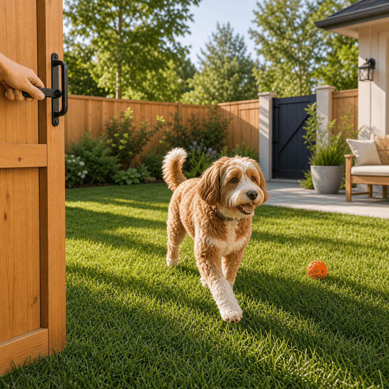 Happy dog in a private fenced backyard