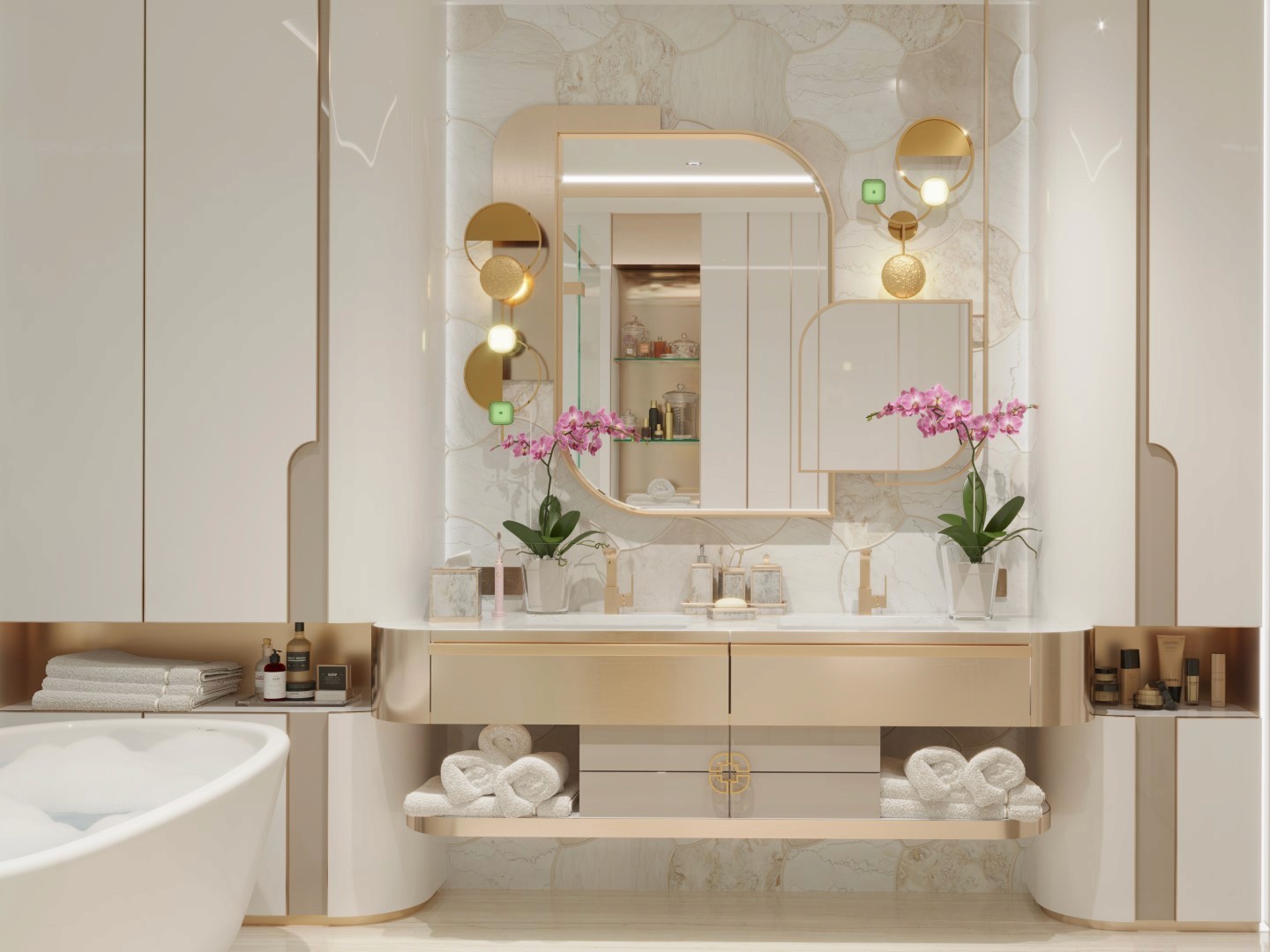 A luxurious bathroom features a large, illuminated mirror with gold accents, modern vanity with elegant fixtures, two vibrant pink orchids, and an array of neatly arranged toiletries, all set against a backdrop of smooth, cream-colored tiles.
