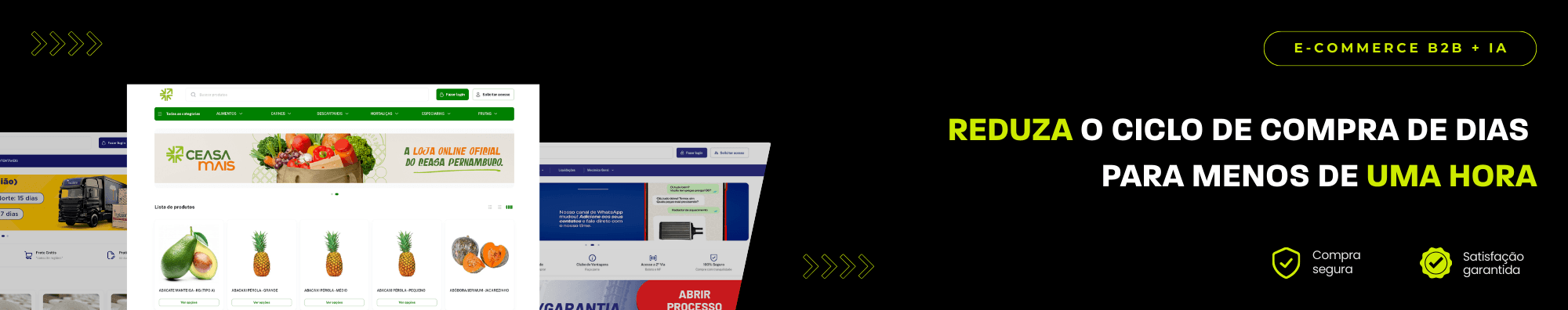 Banner horizontal com fundo escuro, ícones de segurança e satisfação, e imagens de lojas B2B exibidas à esquerda. Elementos gráficos em verde destacam o tema de e-commerce B2B com IA.