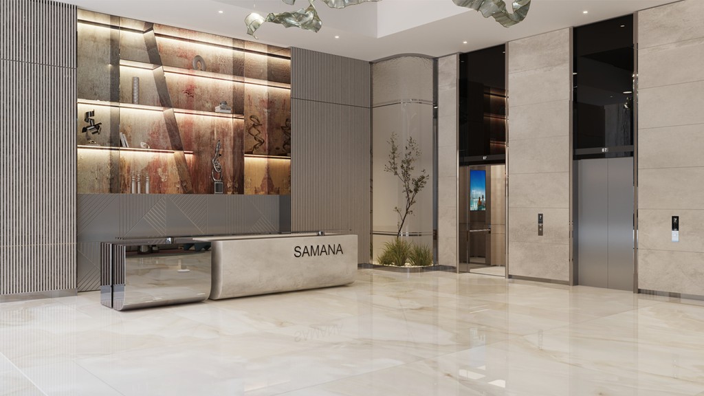 Modern lobby with a sleek reception desk labeled "SAMANA," elegant wall art, and two glass elevators . at Samana Park Meadows