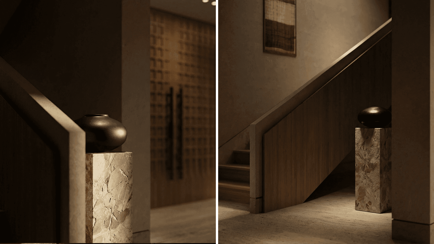 Internal render of a entry hall with a monumental door vignette