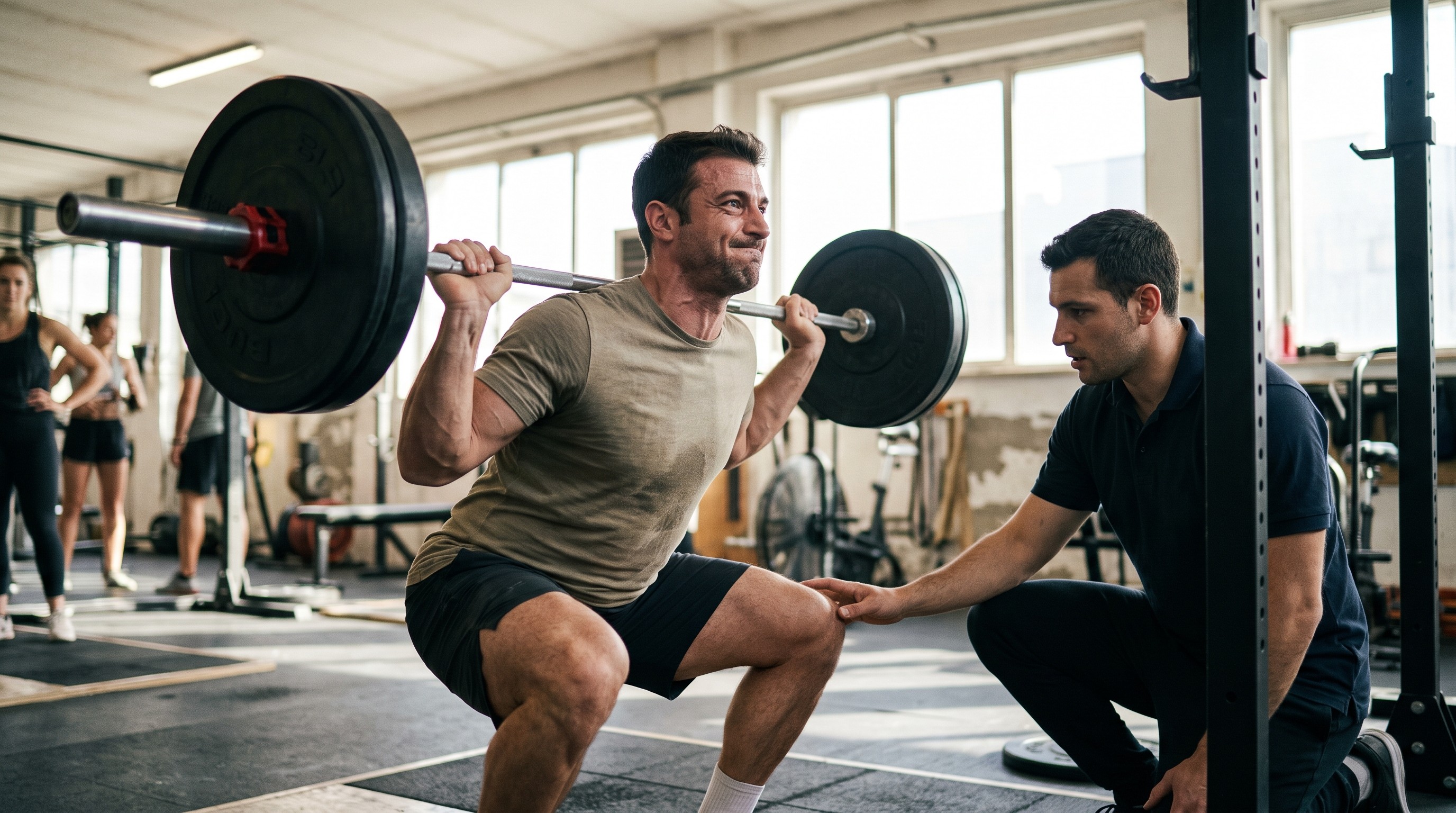 Atleta powerlifting esegue squat con bilanciere sotto guida di istruttore certificato AIF