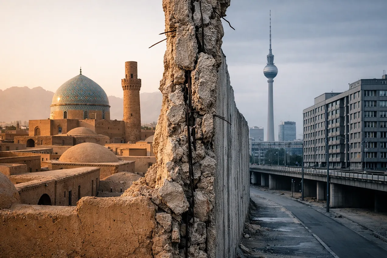 A crumbling wall separates Iranian domed architecture from a grey Berlin cityscape with the television tower.