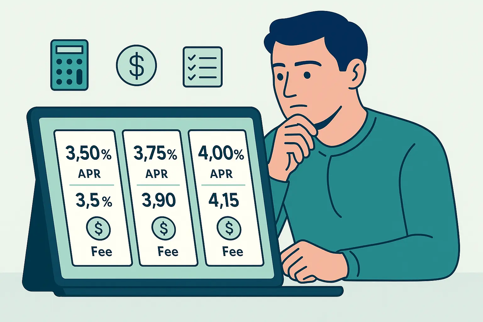 Illustration of a person looking intently at a screen displaying a comparison of three different mortgage loan offers, showing varying APR percentages (3.50% to 4.00%), interest rates, and associated fees. The image represents the challenge of comparing rates and shopping for a mortgage to find the best deal.