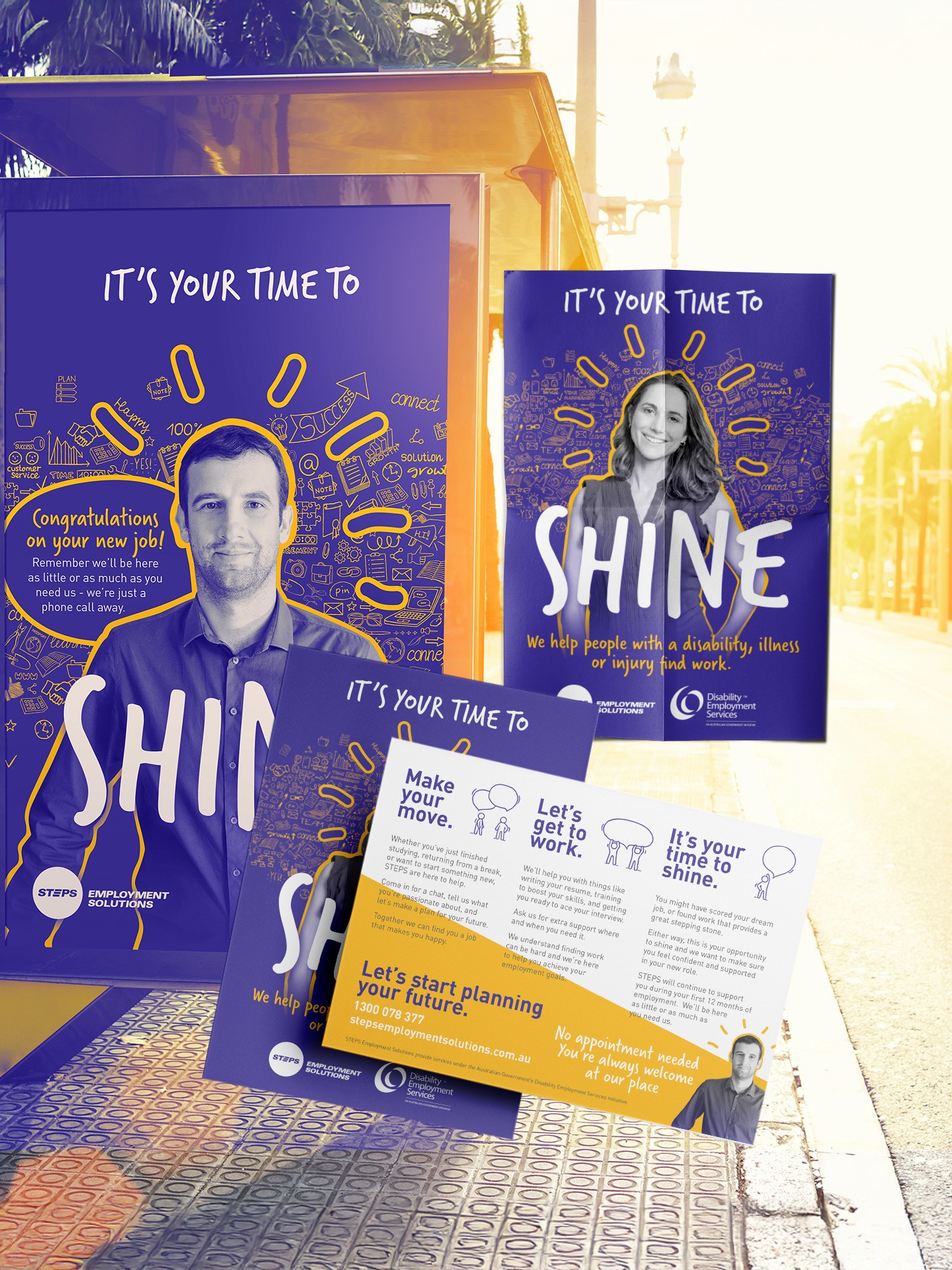 Promotional materials for job campaign including flyers, postcards, and posters