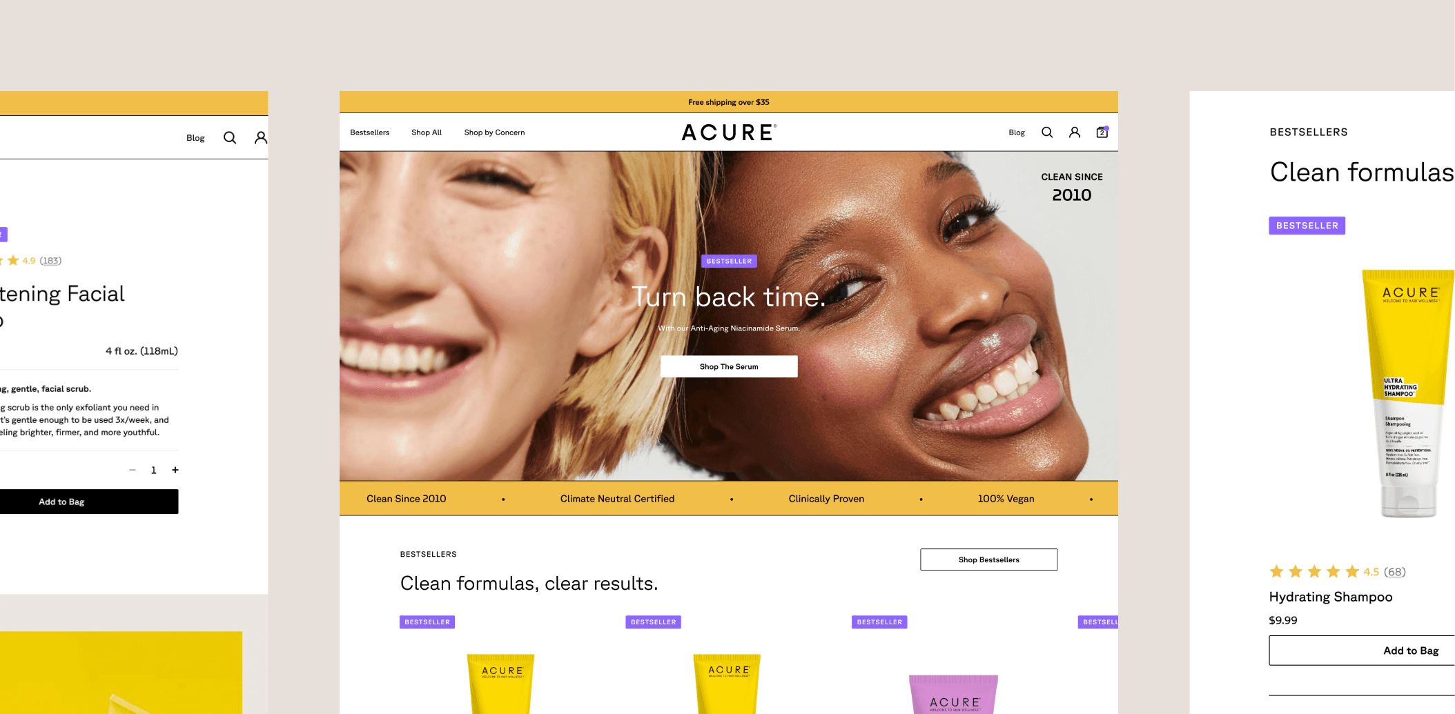 Acure Shopify homepage with optimized navigation and merchandising
