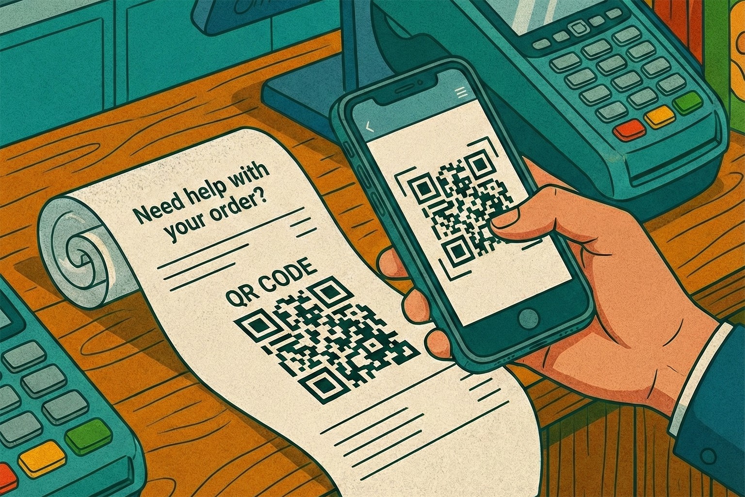 Retail receipt with QR code linking to order tracking, returns, and customer support