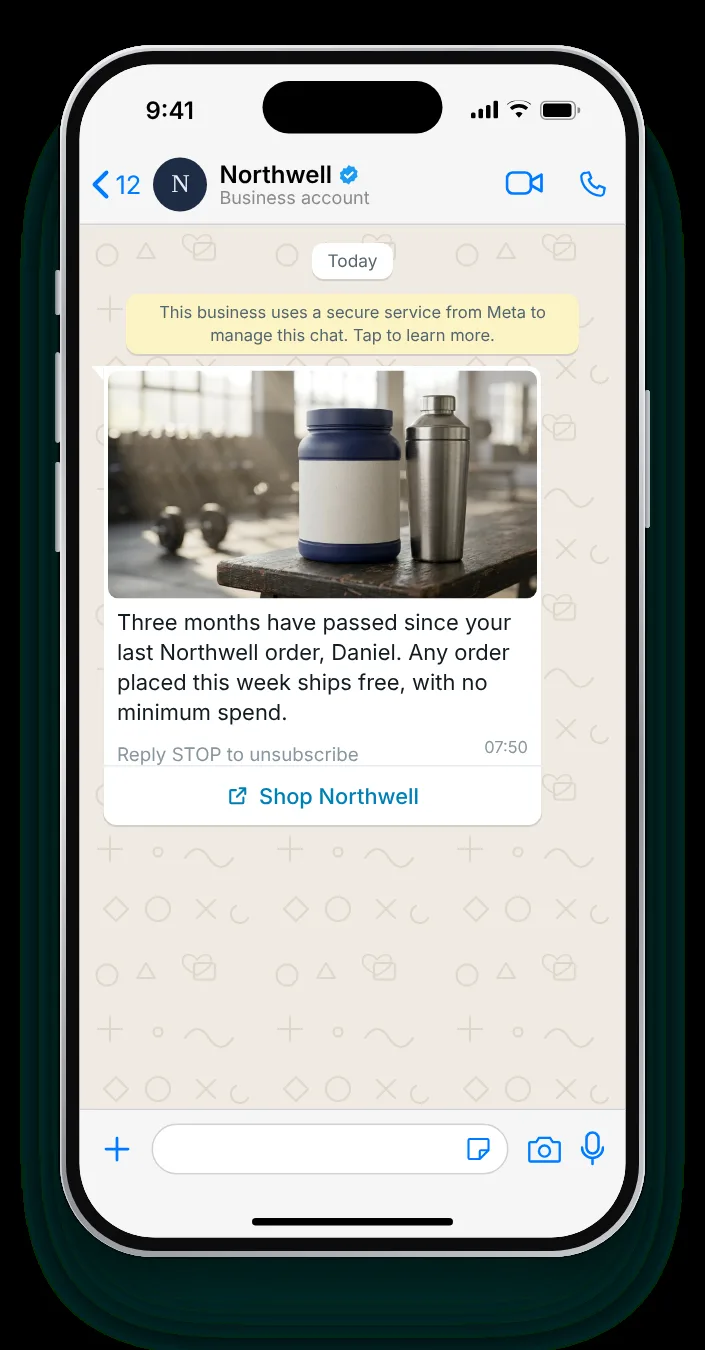 Shipping covered on a return order: WhatsApp win-back message on an iPhone