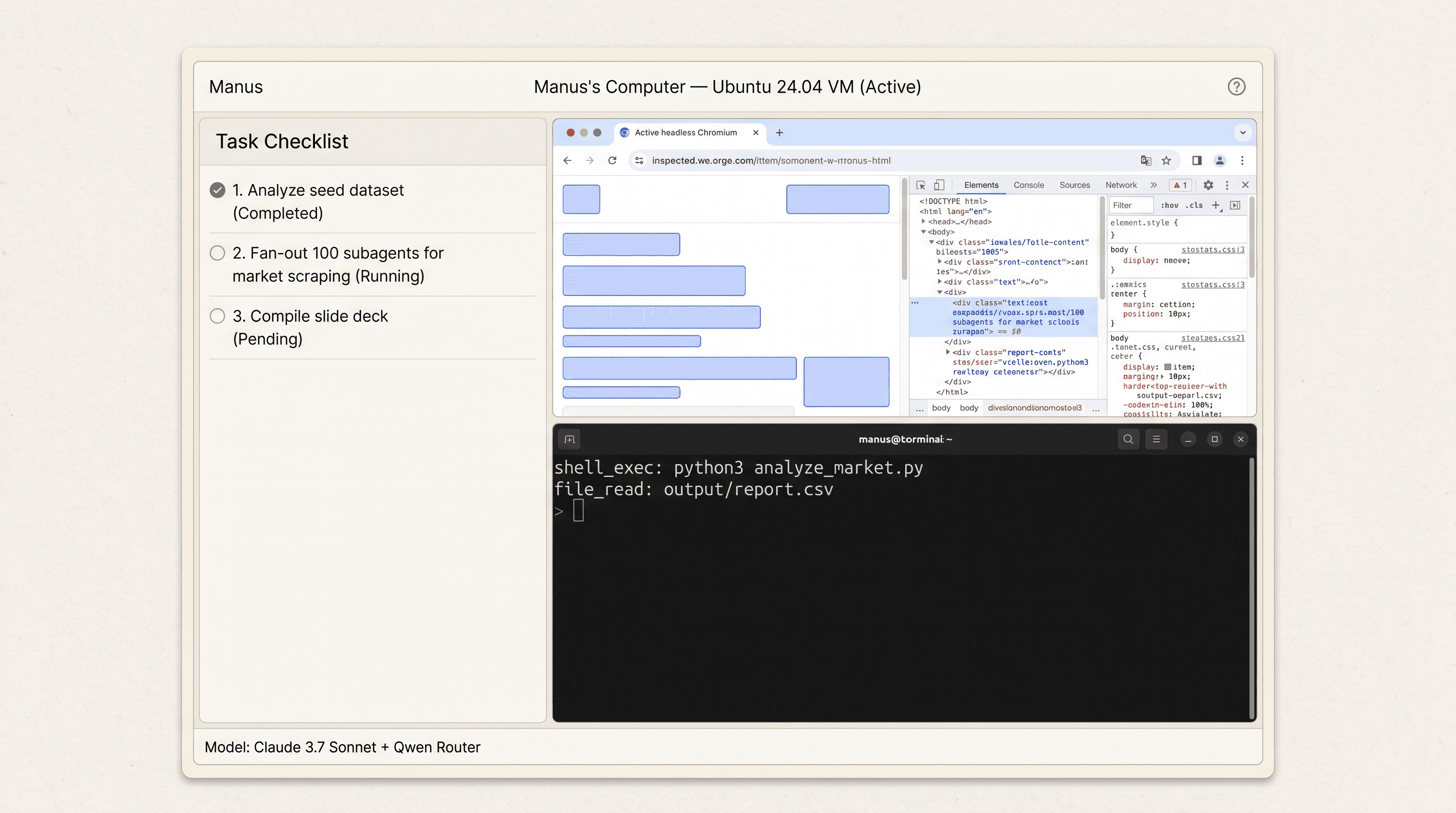 Teaching reconstruction of the Manus Computer interface showing active Chromium browser Linux terminal logs and task checklist