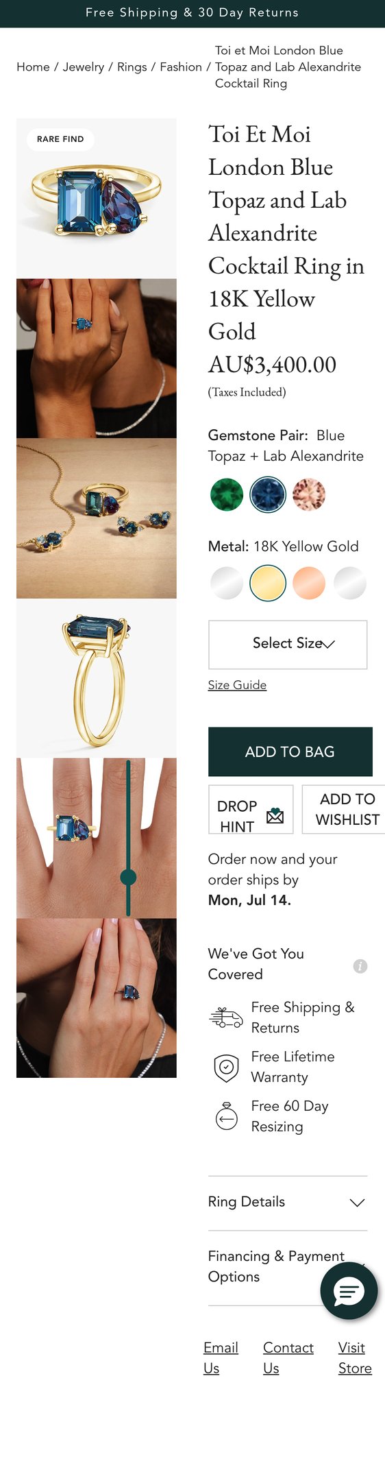 Jewelry product options include:  for 18K Yellow Gold Toi et Moi London Blue Topaz and Lab Alexandrite Cocktail Ring from Brilliant Earth.