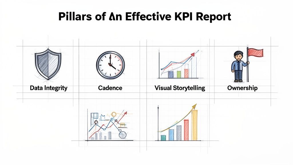 Four illustrated pillars of an effective KPI report: Data Integrity, Cadence, Visual Storytelling, and Ownership.