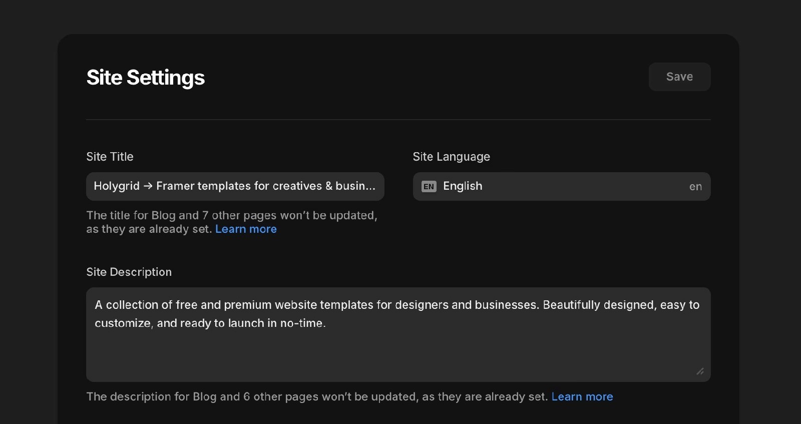 Framer Dashboard SEO Settings