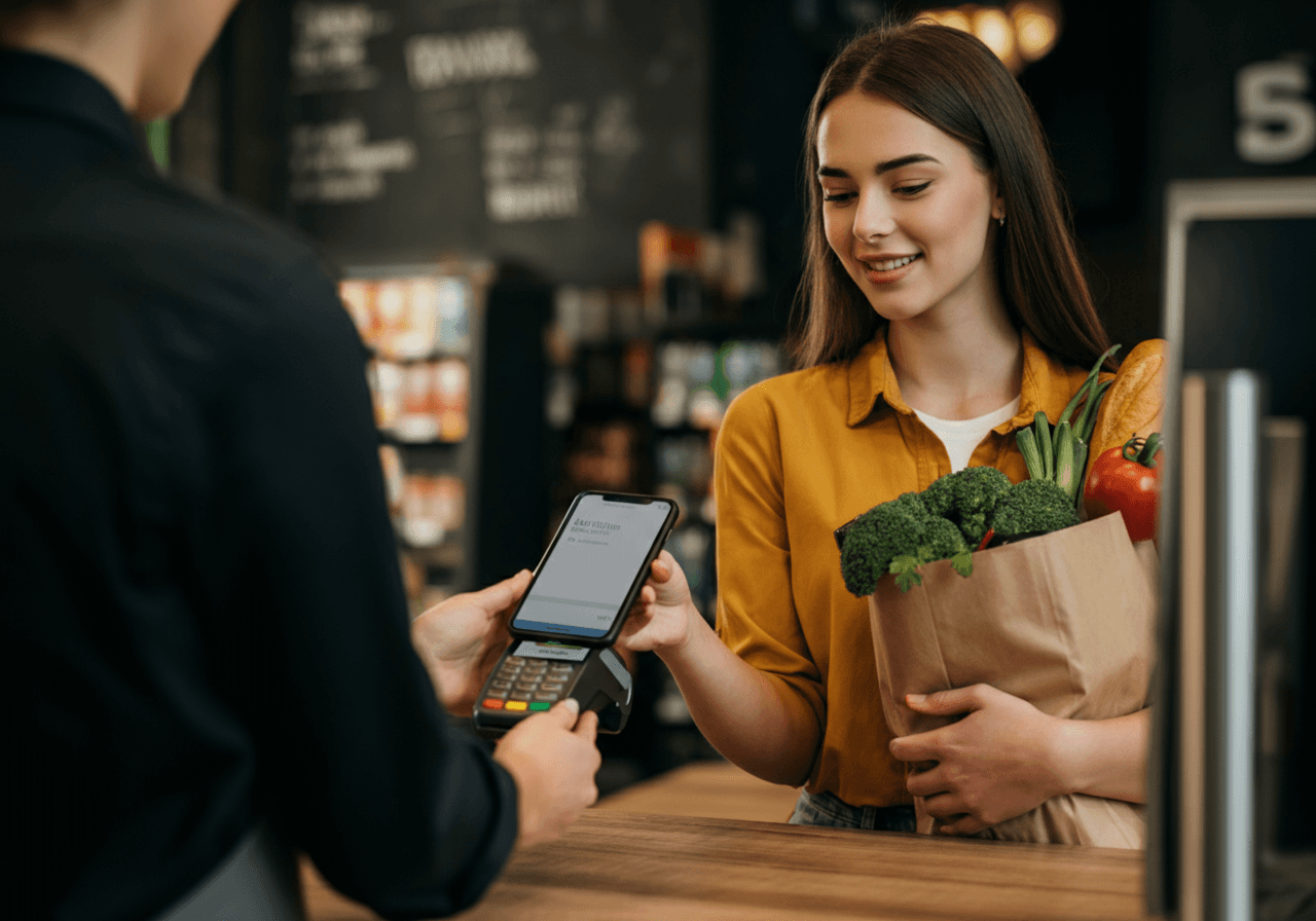 A photo of a customer holding their phone over a point of sale system to pay for a transaction. The customer is a young woman holding a bag of groceries with one hand and holding her phone up to the POS with the other. She is smiling and looking down at her phone. There is a clerk slightly off frame and the camera is behind the clerk's shoulder. The lighting should be bright and airy.