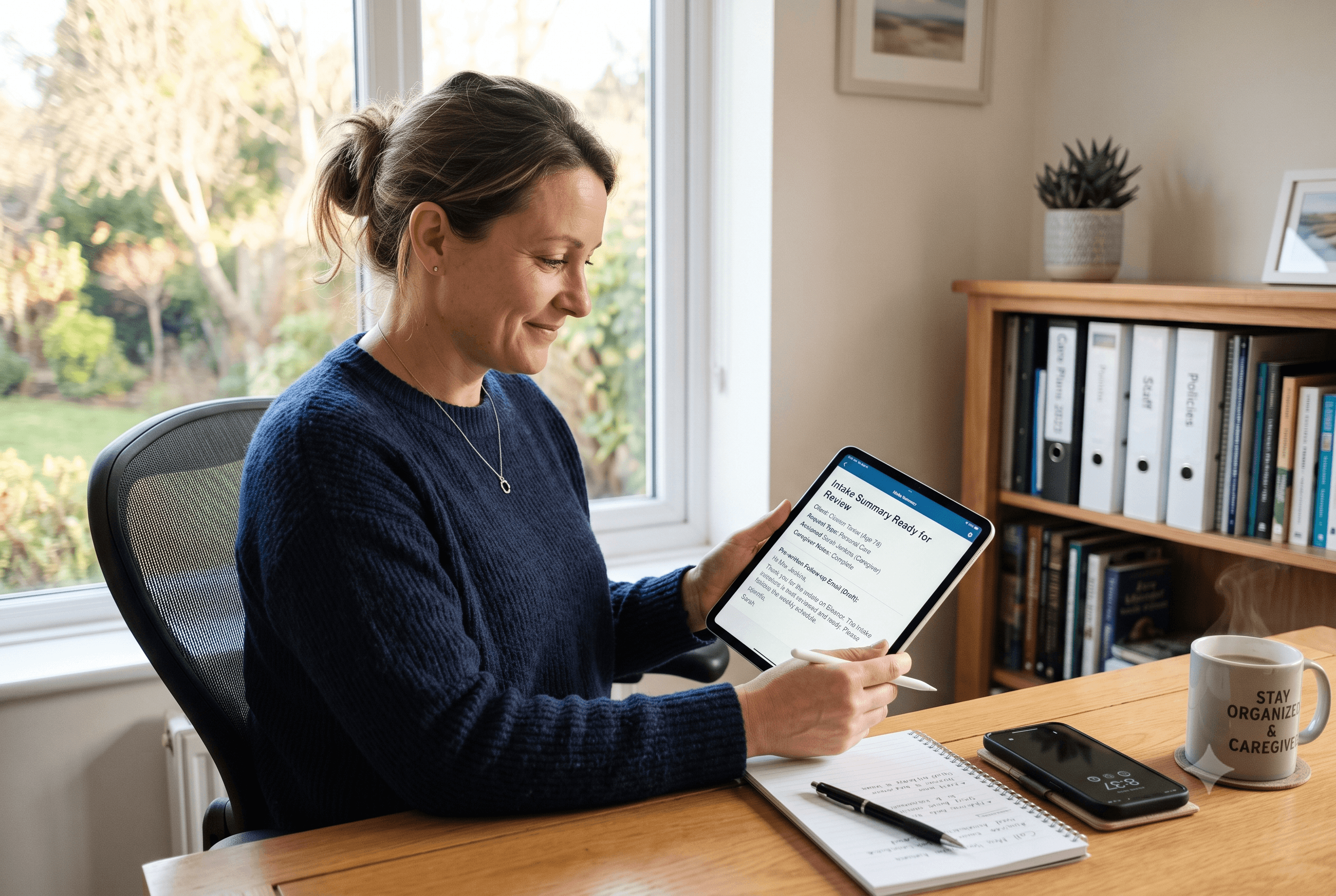 Home care coordinator reviewing an AI-generated intake summary on a tablet