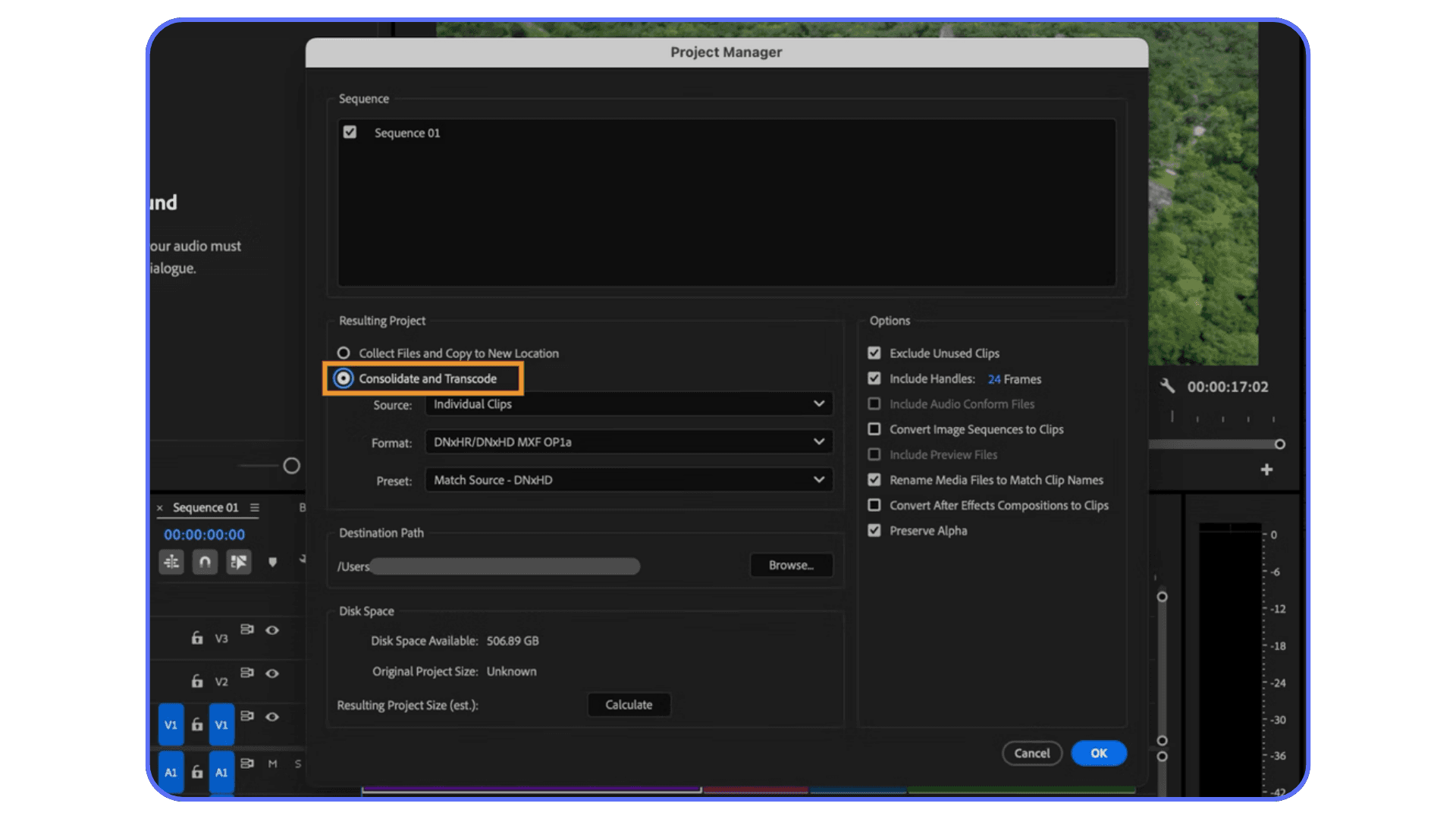 Premiere Pro Project Manager window set to consolidate and transcode media for a stable project