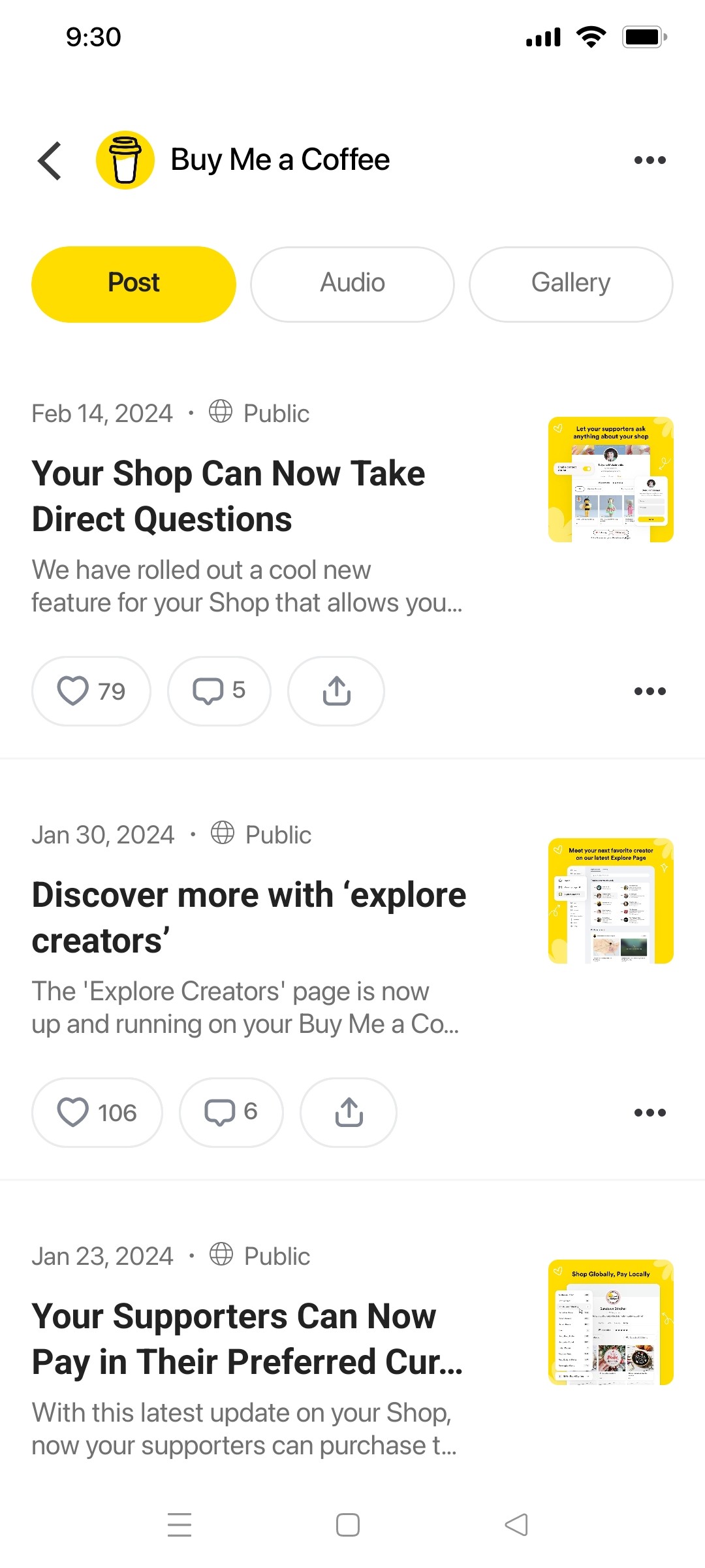 buy me coffee Posts As a supporter screen