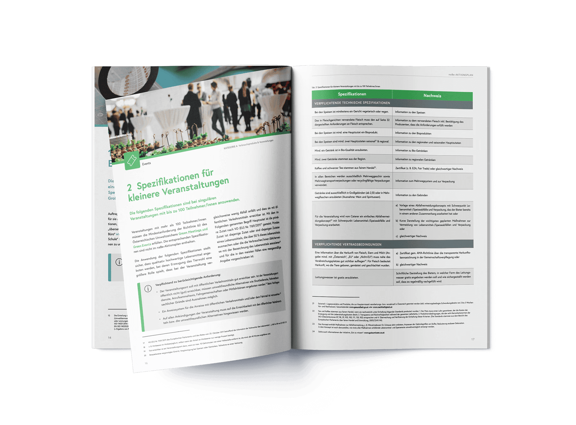 Detailansicht der naBe Broschüre mit Tabellen und Informationsstruktur für nachhaltige Kriterien