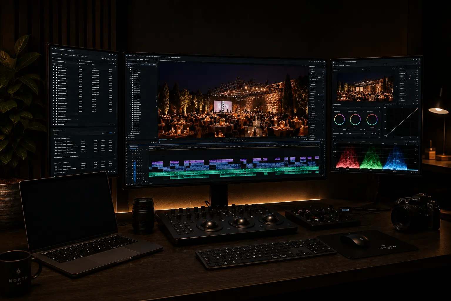 Station de montage et d’étalonnage traitant des images événementielles cinématiques, avec timeline multi-écrans, outils de post-production et workflow premium.