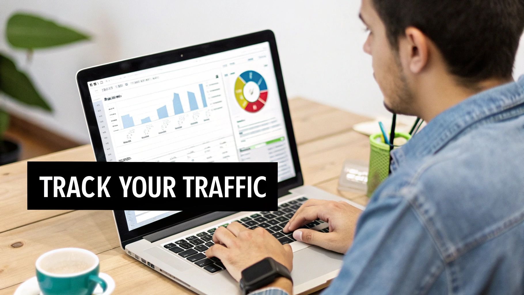 A person analyzes web traffic on a laptop displaying charts and graphs, with a coffee cup nearby.