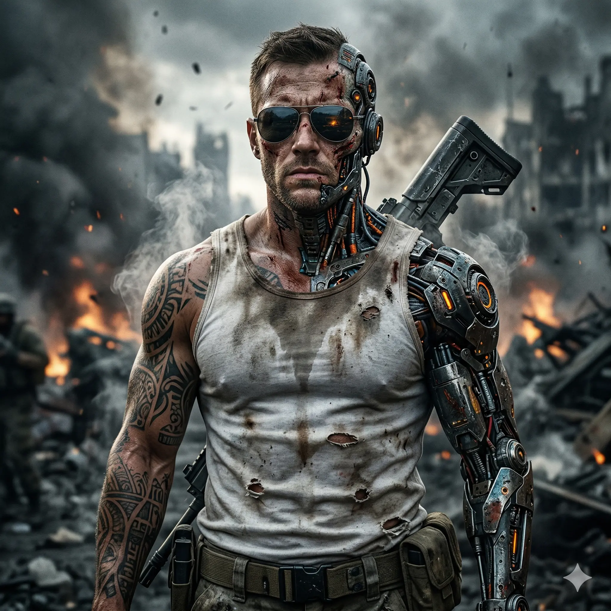 Cinematic image generation of a battle-damaged cyborg soldier in a warzone, demonstrating advanced AI marketing prompts by Mahendra using Nanobanana.
