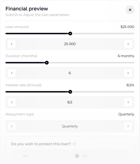 Fund & Settle in Stablecoin dashboard for CLIX digital lending platform showing loan amount, duration, and interest rate