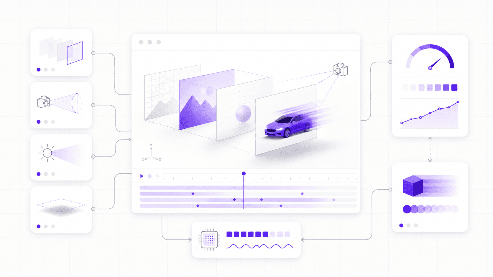 A technical 3D motion design illustration showing layered 3D planes, camera and light controls, shadows, motion blur, and preview performance indicators.