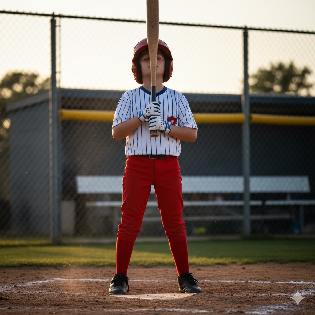 Youth Baseball Player taking a deep breath working on his mental skills
