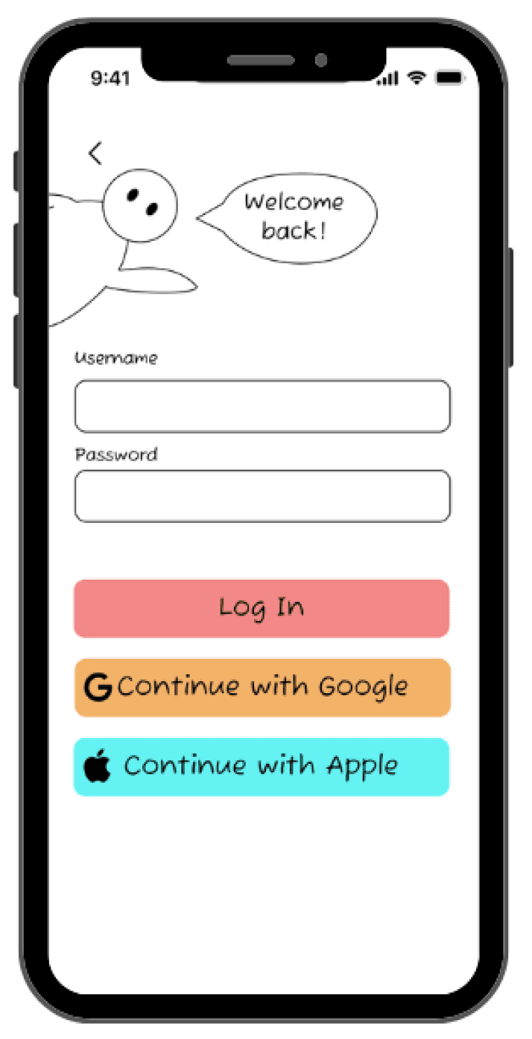 Login page for Fidgy app, with Fidgy avatar saying "Welcome back!"
