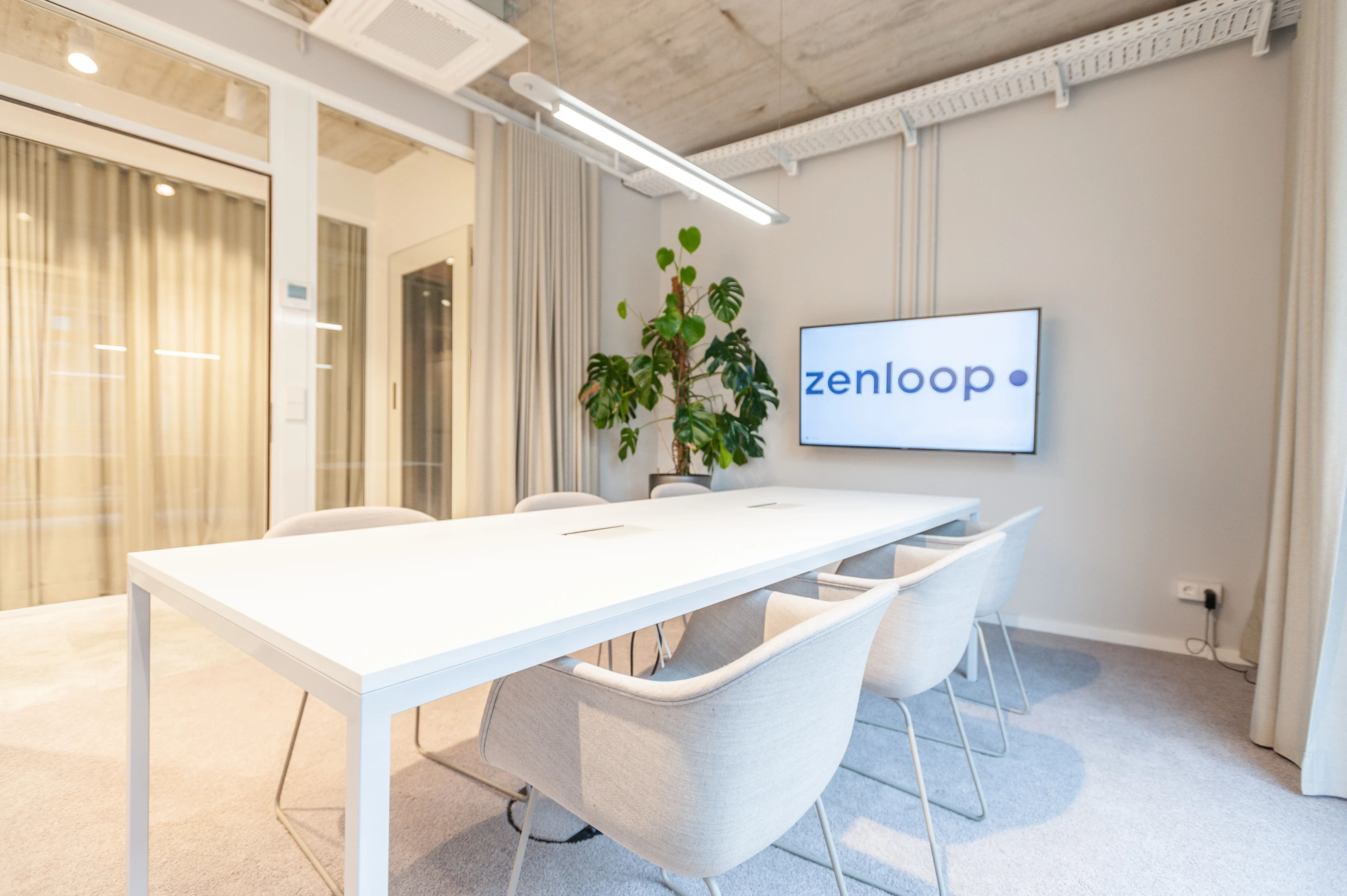 Meeting room at ZENLOOP with a white table, beige upholstered chairs, a TV showing the zenloop logo, a tall monstera plant and beige curtains against raw concrete walls.