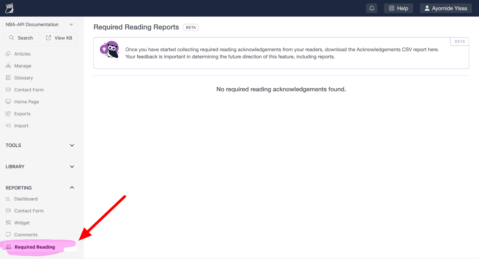 A screenshot of KnowledgeOwl's "Required Reading Reports" page.