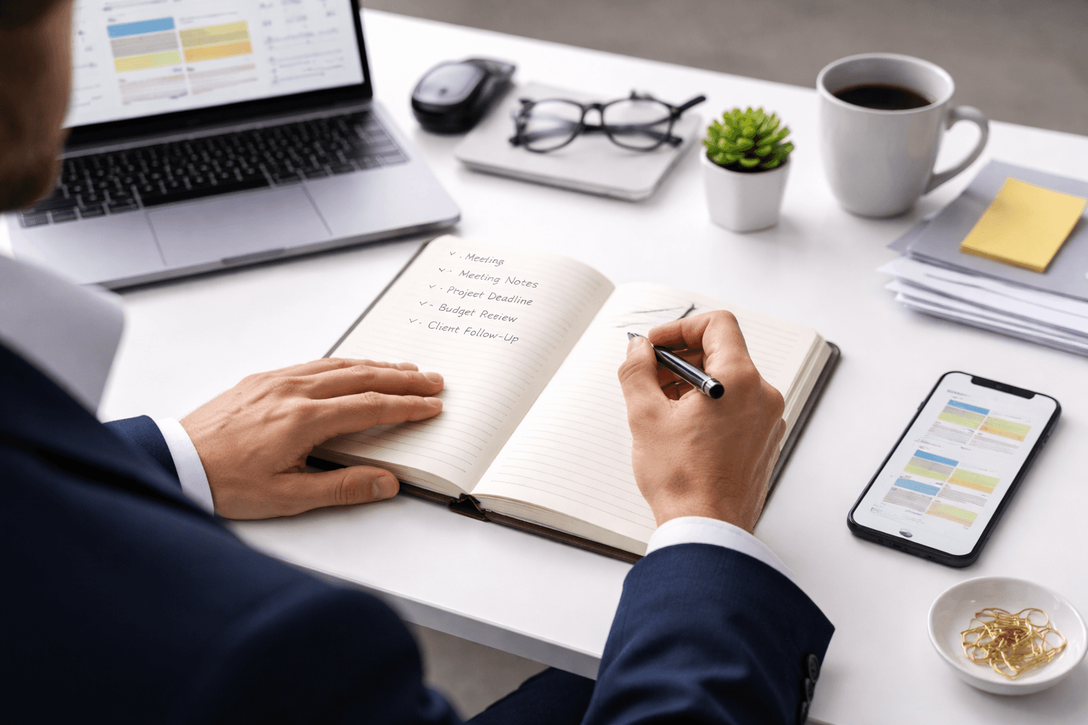 person writing notes at a clean desk with a laptop open beside them