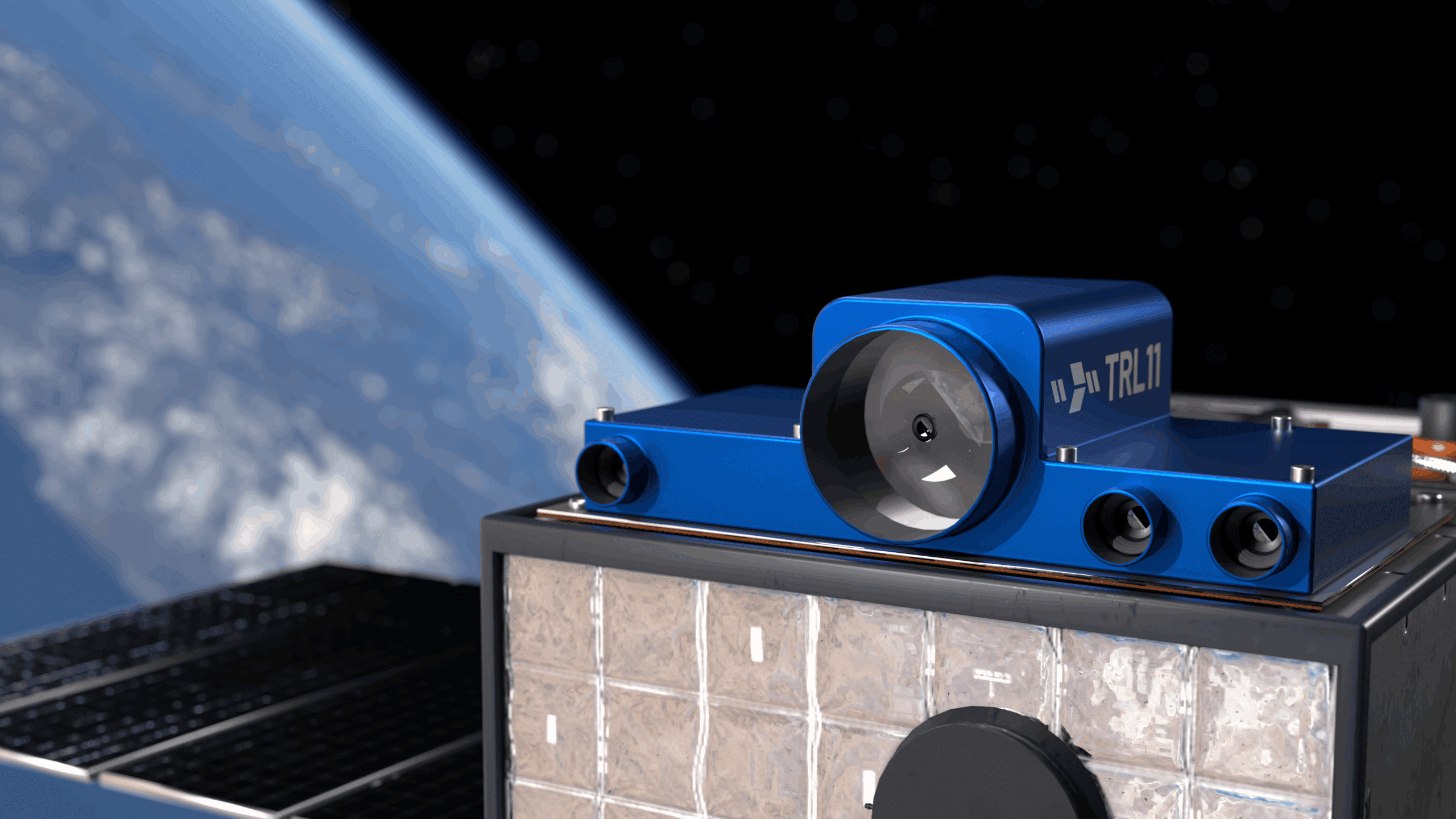 Rendering of the blue TRL11 multi-camera imaging unit mounted on a CubeSat structure in orbit above Earth