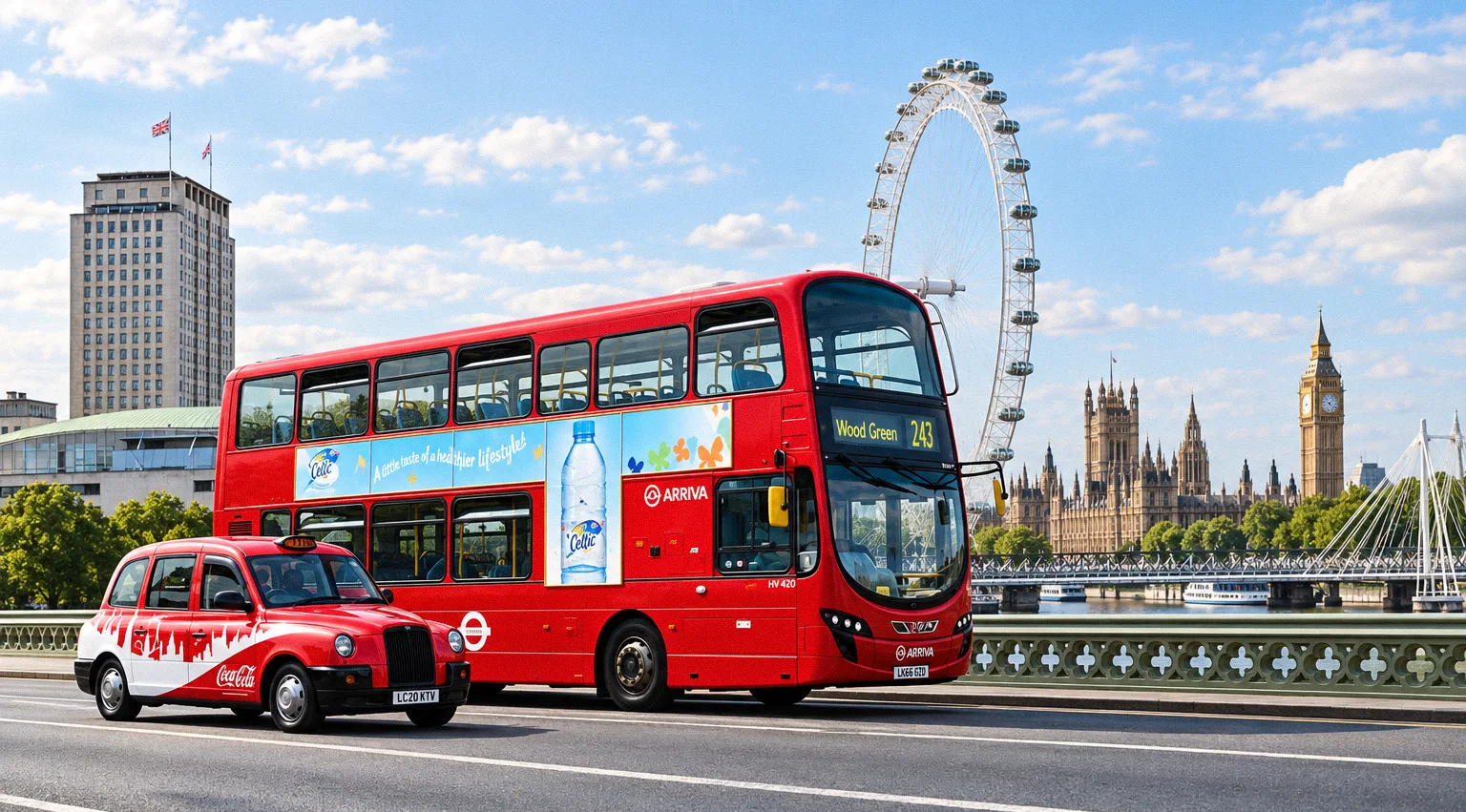 Red Arriva bus featuring Saka water branding driving past the London Eye, highlighting OOH media buying for FMCG brands