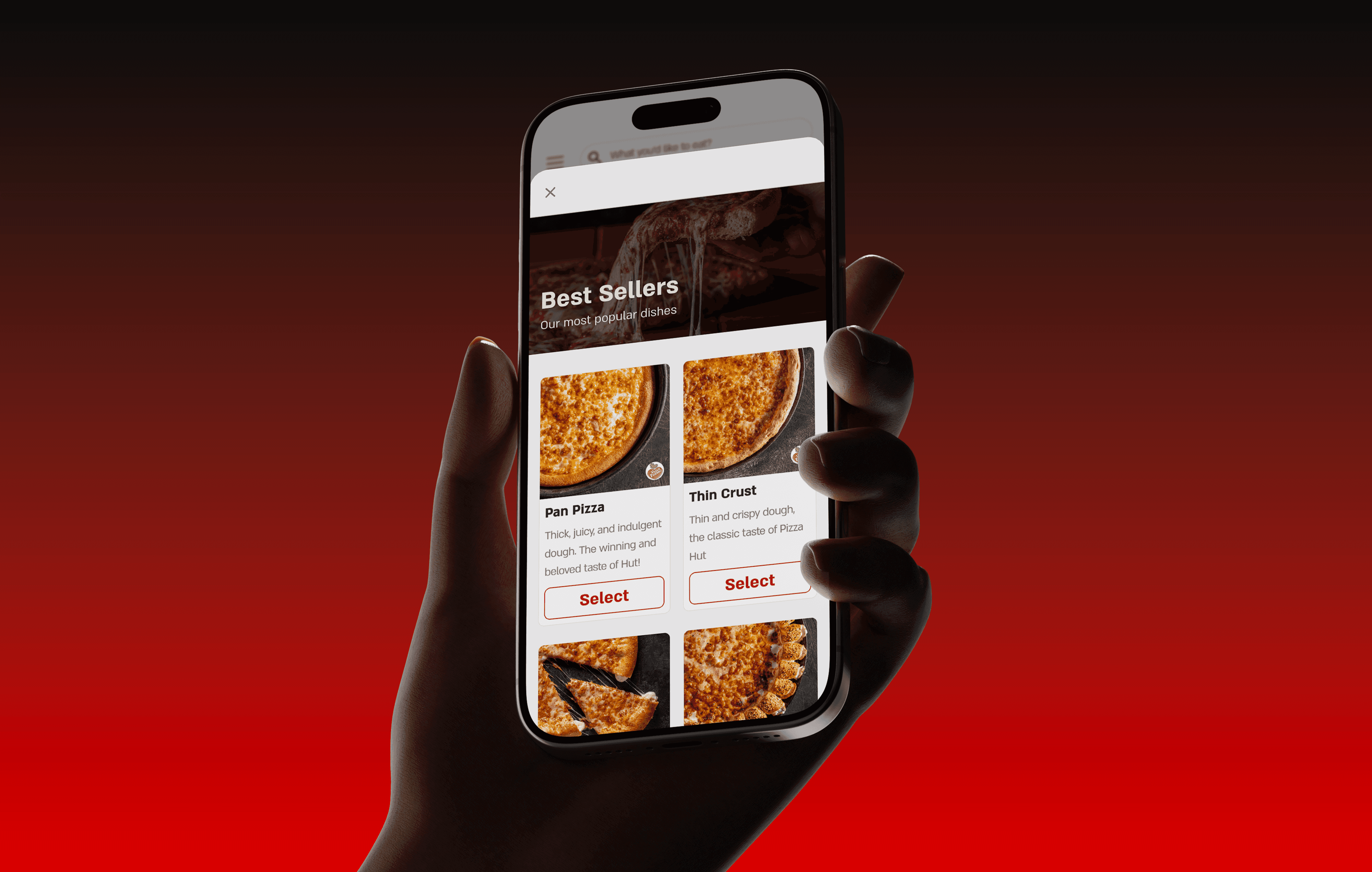 UX UI design for browsing best-selling pizzas, combining strong visuals with clear CTAs to optimize conversion in a mobile app environment.