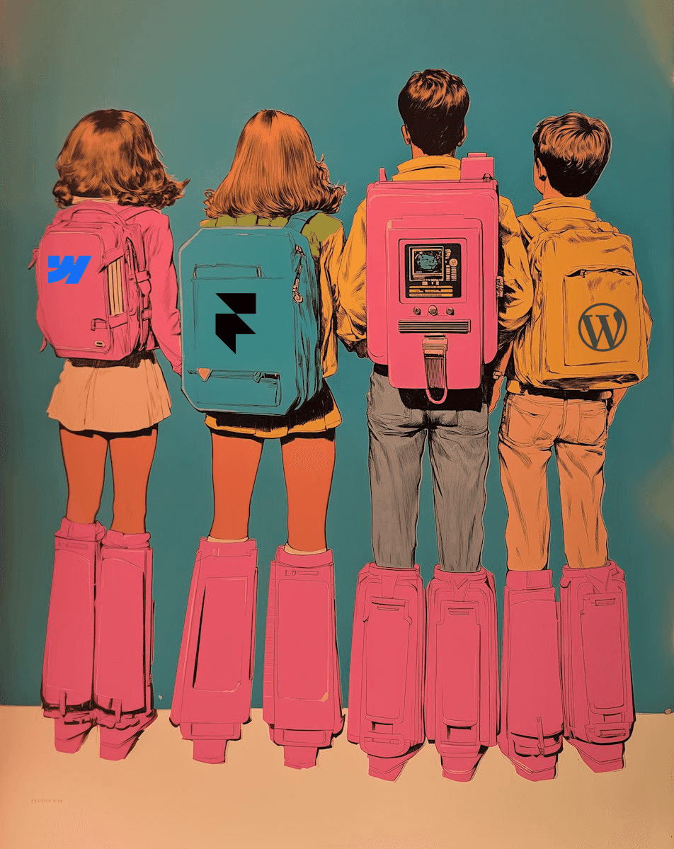 Children with Backpackers by Pablo Stanley - Featuring the Webflow, Framer and Wordpress Logos