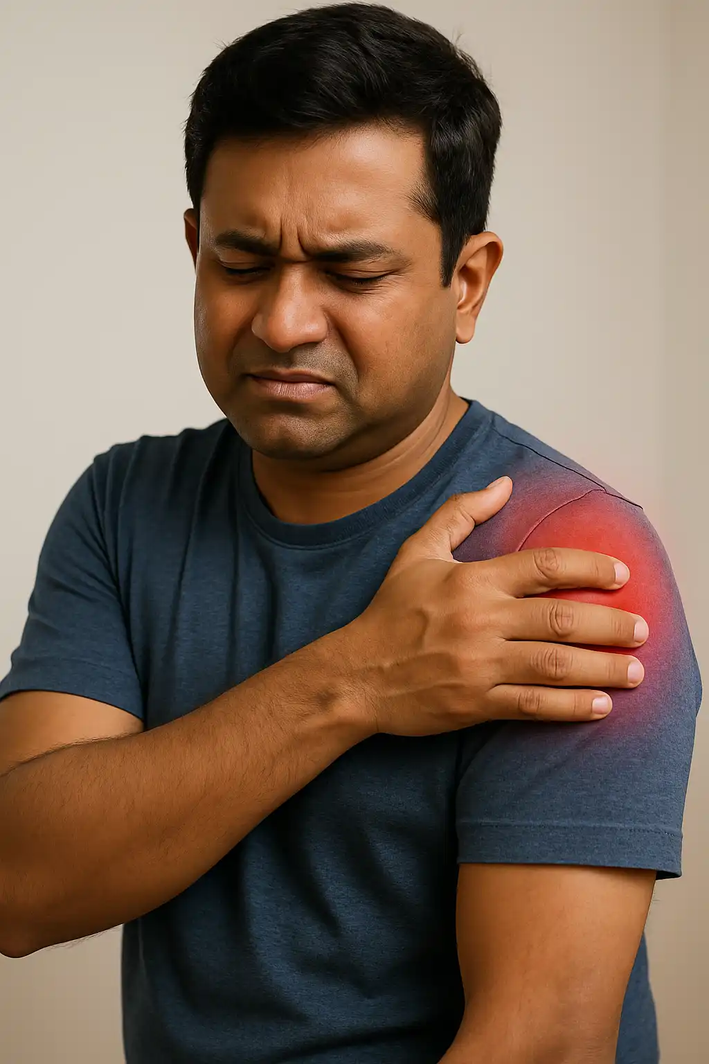 A man clutching his shoulder with a painful expression, with a red highlight over the joint indicating shoulder tendon inflammation.