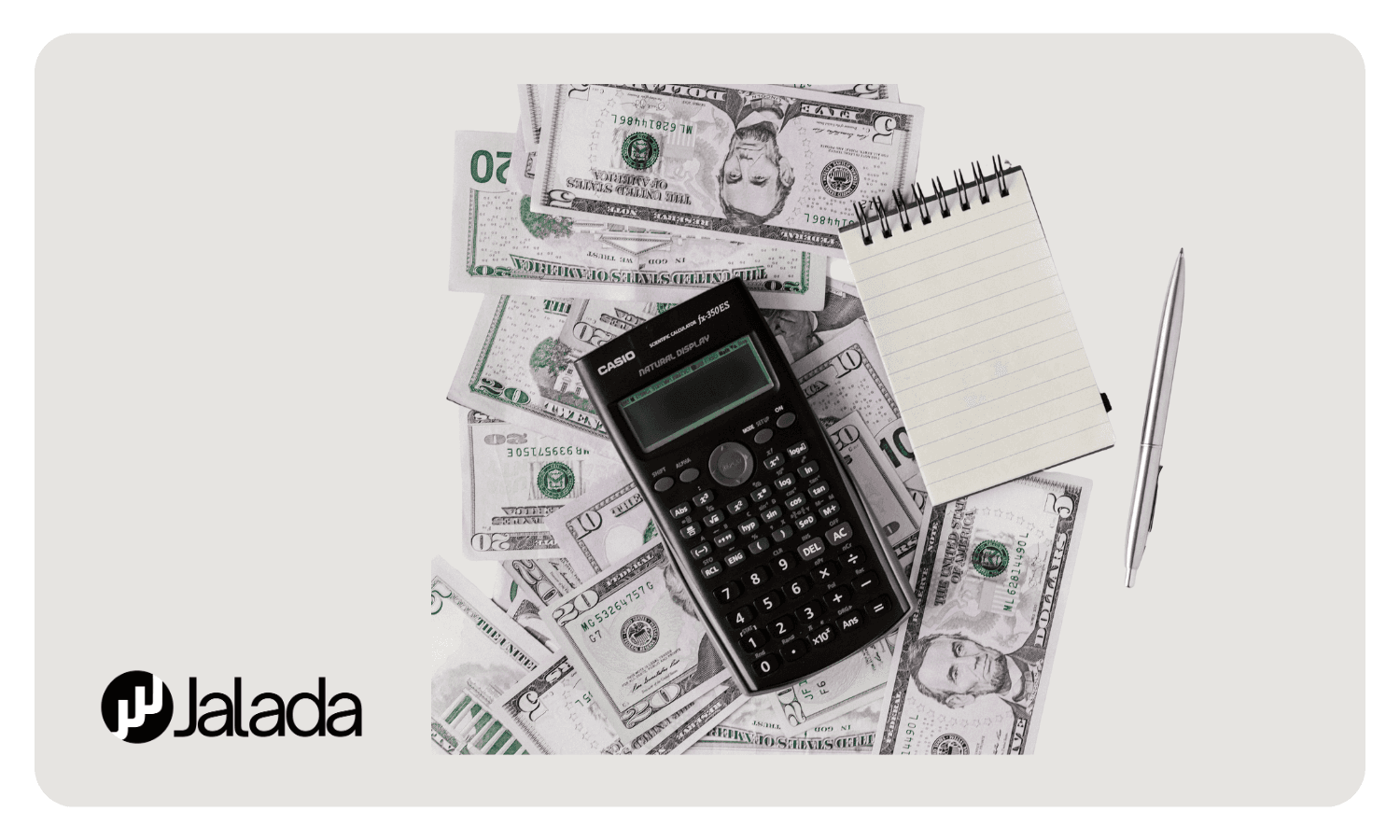 Basic Money, Calculator, Notebook and Pen