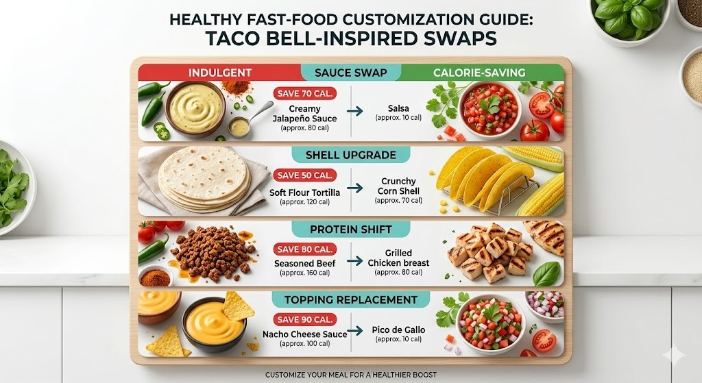A clean, educational infographic in a modern nutrition style, comparing Taco Bell-inspired fast-food customization swaps for a healthier meal. The vertical board is split into left 'INDULGENT' and right 'CALORIE-SAVING' panels. From top to bottom, comparisons show: 'Creamy Jalapeño Sauce' versus 'Salsa', 'Soft Flour Tortilla' versus 'Crunchy Corn Shell', 'Seasoned Beef' versus 'Grilled Chicken', and 'Nacho Cheese Sauce' versus 'Pico de Gallo'. Green text callouts specify: 'Save 70 cal', 'Save 50 cal', 'Save 80 cal', and 'Save 90 cal'. Below each pair, an arrow and text read 'Customized Swap'. The board is set on a light wood grain surface with fresh vegetables, featuring realistic food photography, vibrant colors, clean lighting, and a fitness-friendly vibe, with a minimalist white background. The title at the top is 'HEALTHY FAST-FOOD CUSTOMIZATION GUIDE: TACO BELL-INSPIRED SWAPS'.