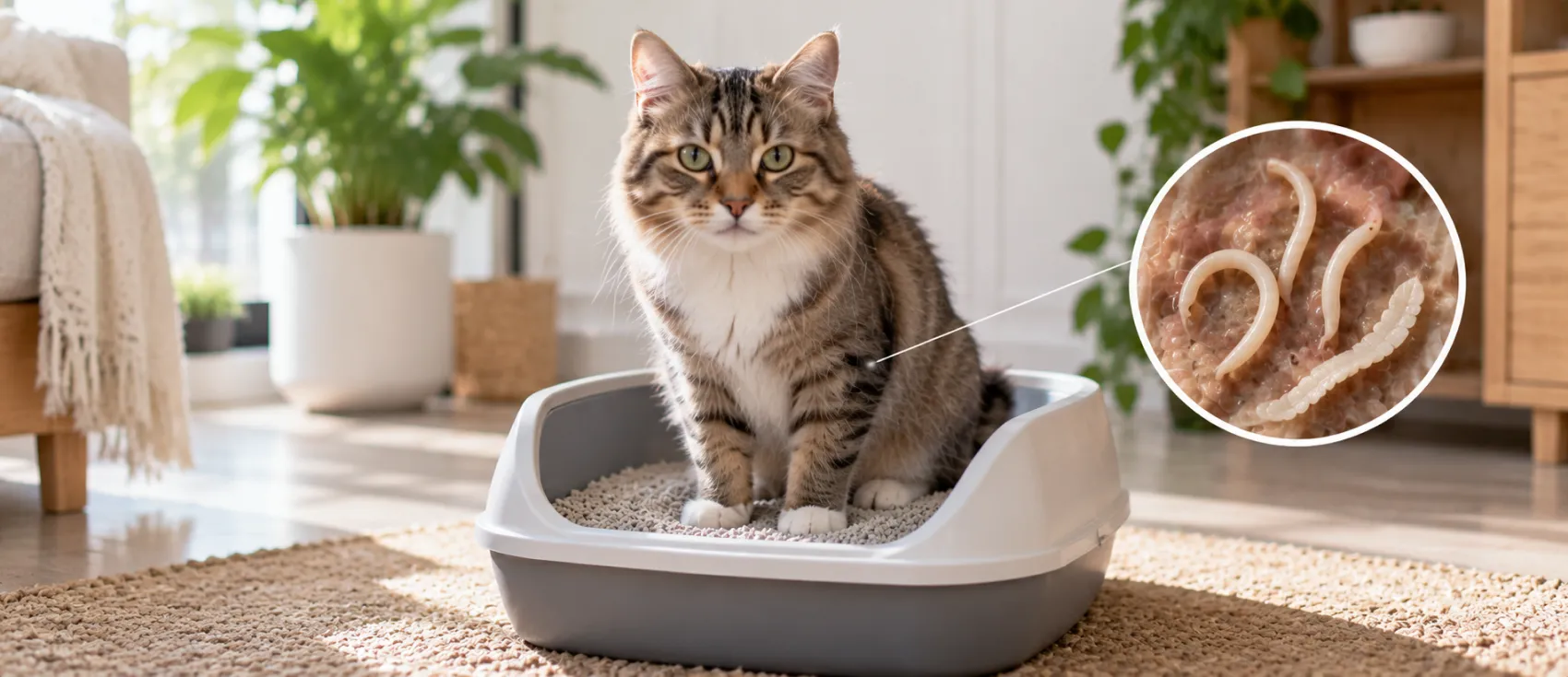 A tabby cat sitting in a litter box, with an inset close-up of parasitic worms.