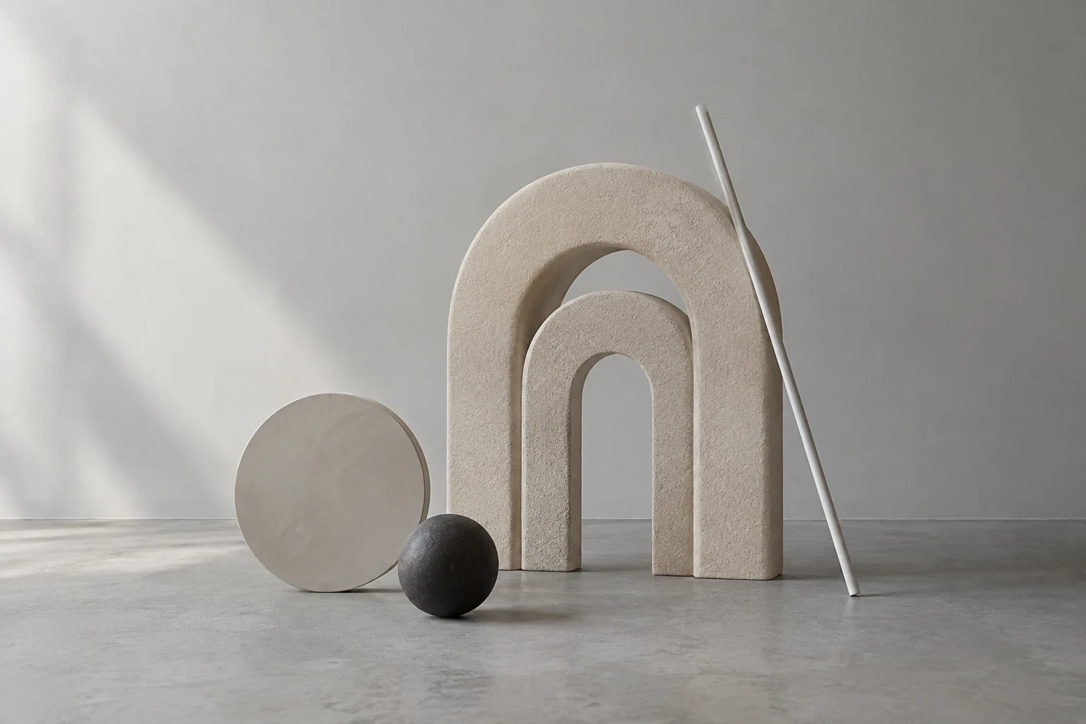 Cream sculptural double arch with a thin leaning white rod, pale disk and small dark sphere, cool gray studio ground