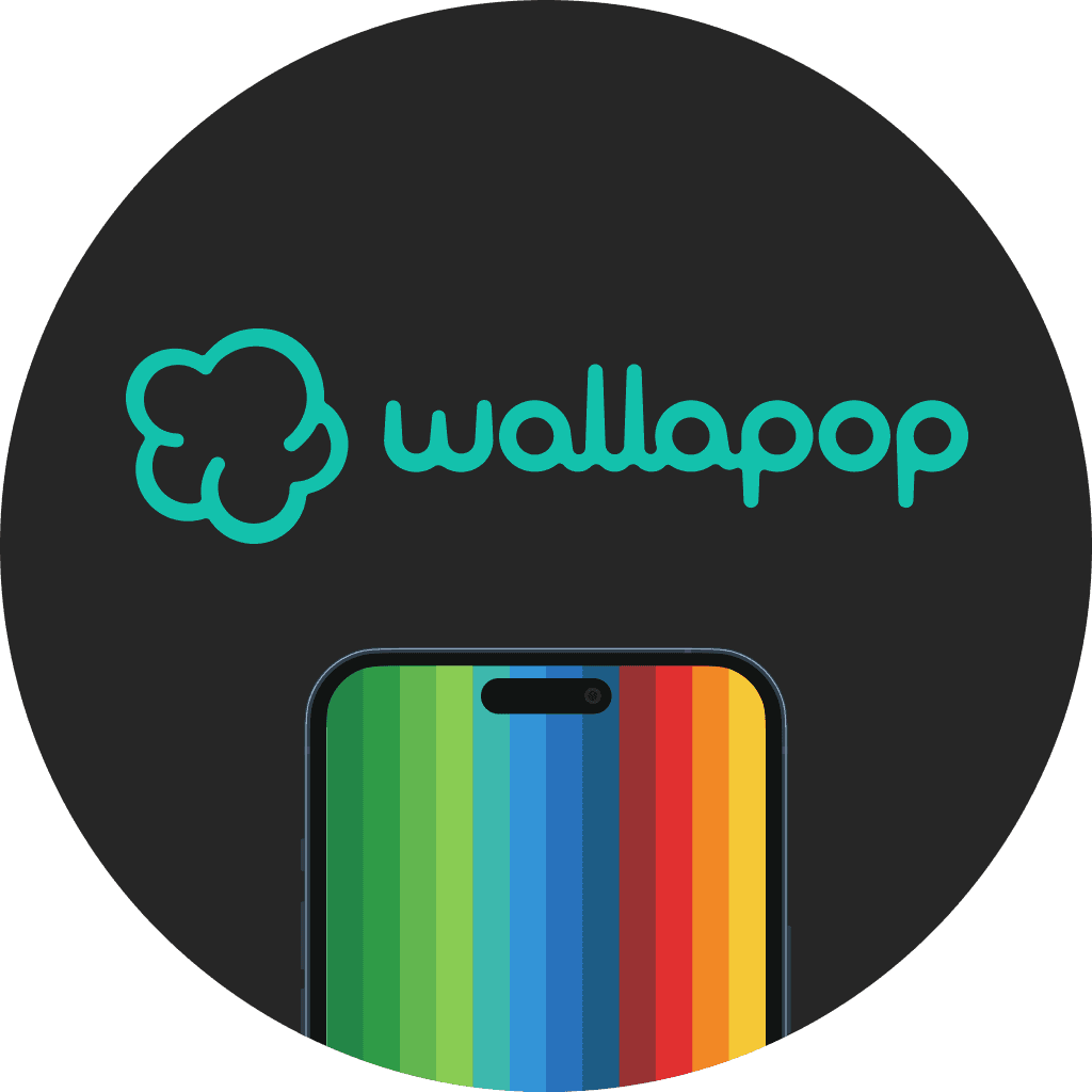 Logo de Wallapop con un icono de nube y un elemento rayado vertical de varios colores sobre un fondo negro.